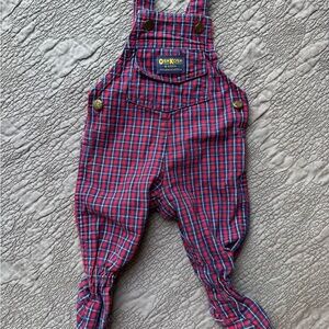 Vintage Baby OshKosh Red Plaid Footed Cotton Overalls, Size 3/6 Months